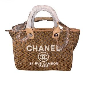 Fashion Lux  Tan and White Tweed Tote